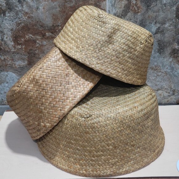 Nested  Woven Seagrass Baskets Rounded Belly Foldable Handles Set of 3 - Picture 12 of 13